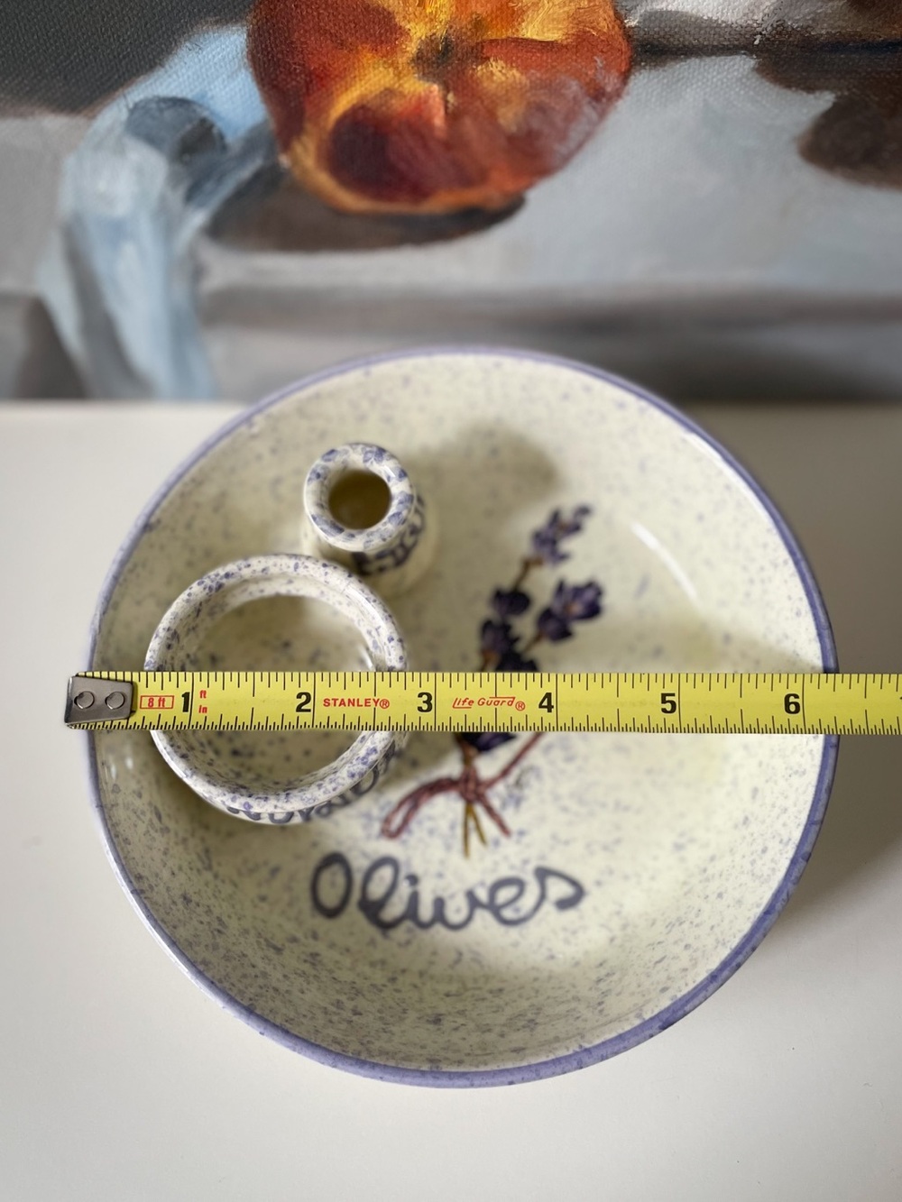 Handpainted Ceramic Olive Serving Dish Lavender Motif Pit Well Toothpick Holder - Picture 5 of 7
